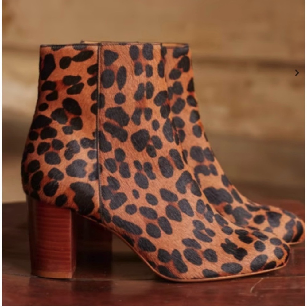 Sezane Lea Leopard Cheetah Pony Hair Heeled Ankle Boot